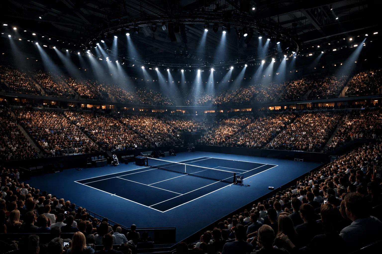 ATP Finals indoor arena met topspelers in actie