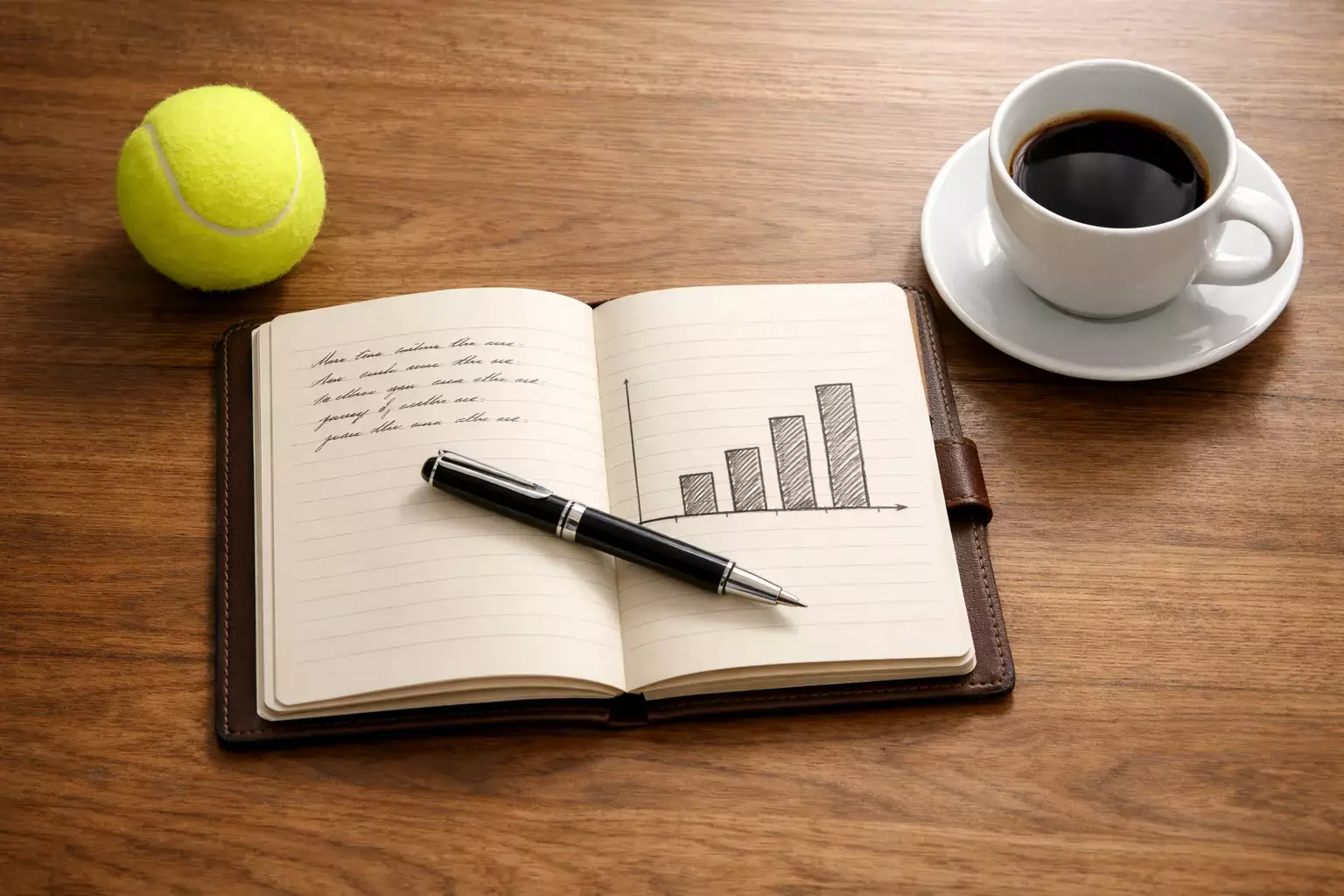 Notitieboek met een staking-plan naast een tennisbal op een houten bureau