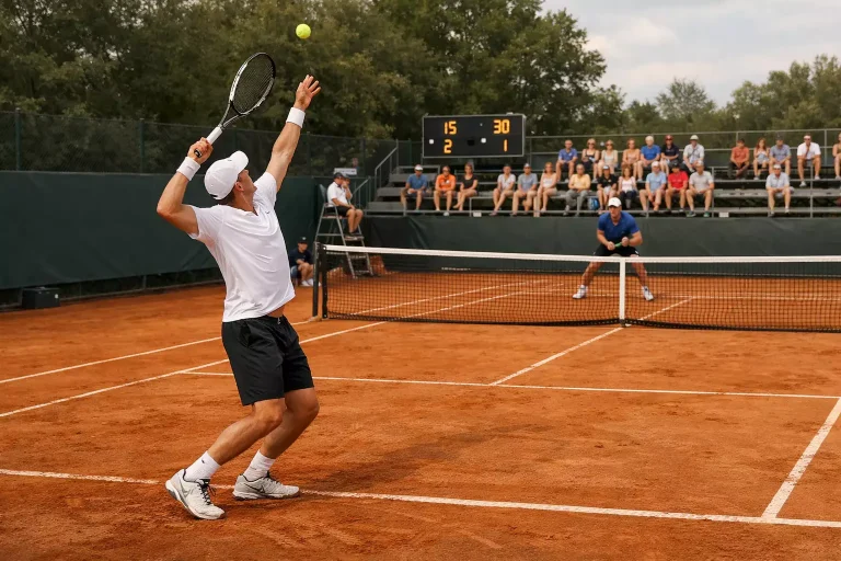 Tennisser speelt een wedstrijd op een bescheiden Challenger-toernooi baan