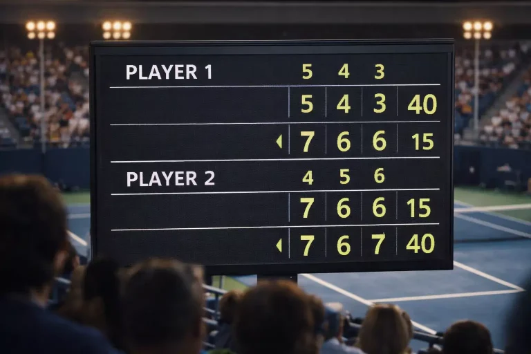 Close-up van een tennisscoreboard met setstanden tijdens een professionele wedstrijd