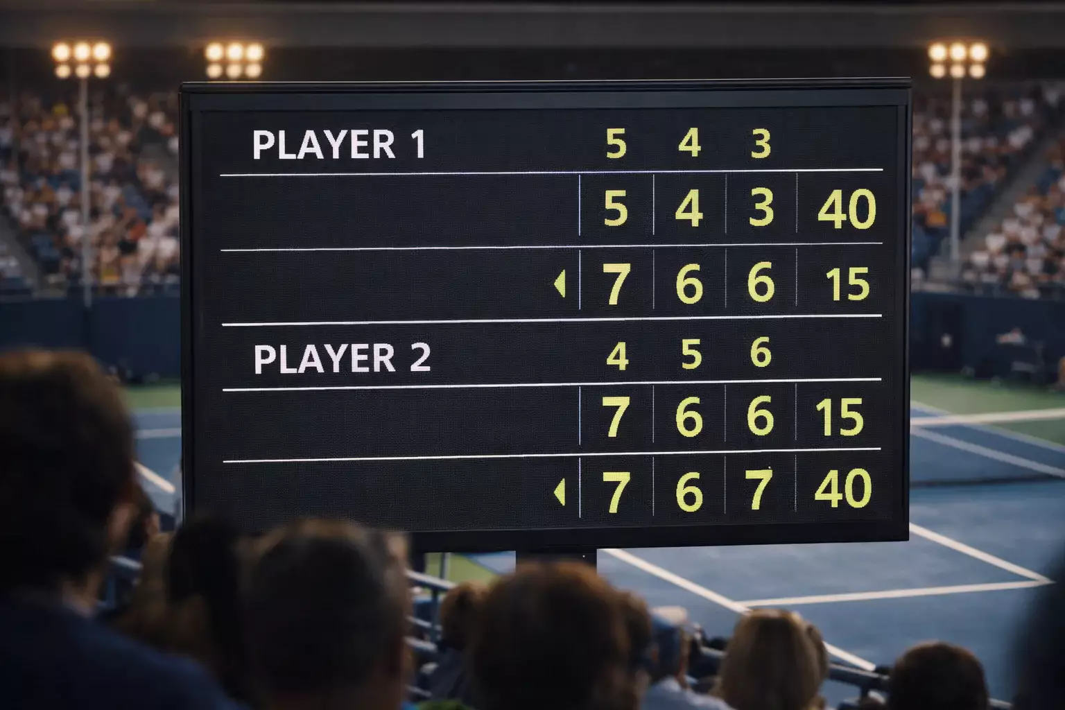 Close-up van een tennisscoreboard met setstanden tijdens een professionele wedstrijd