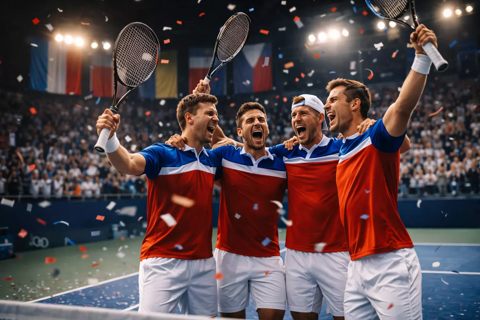 Tennisteam viert een overwinning samen op de baan met landenvlaggen op de achtergrond