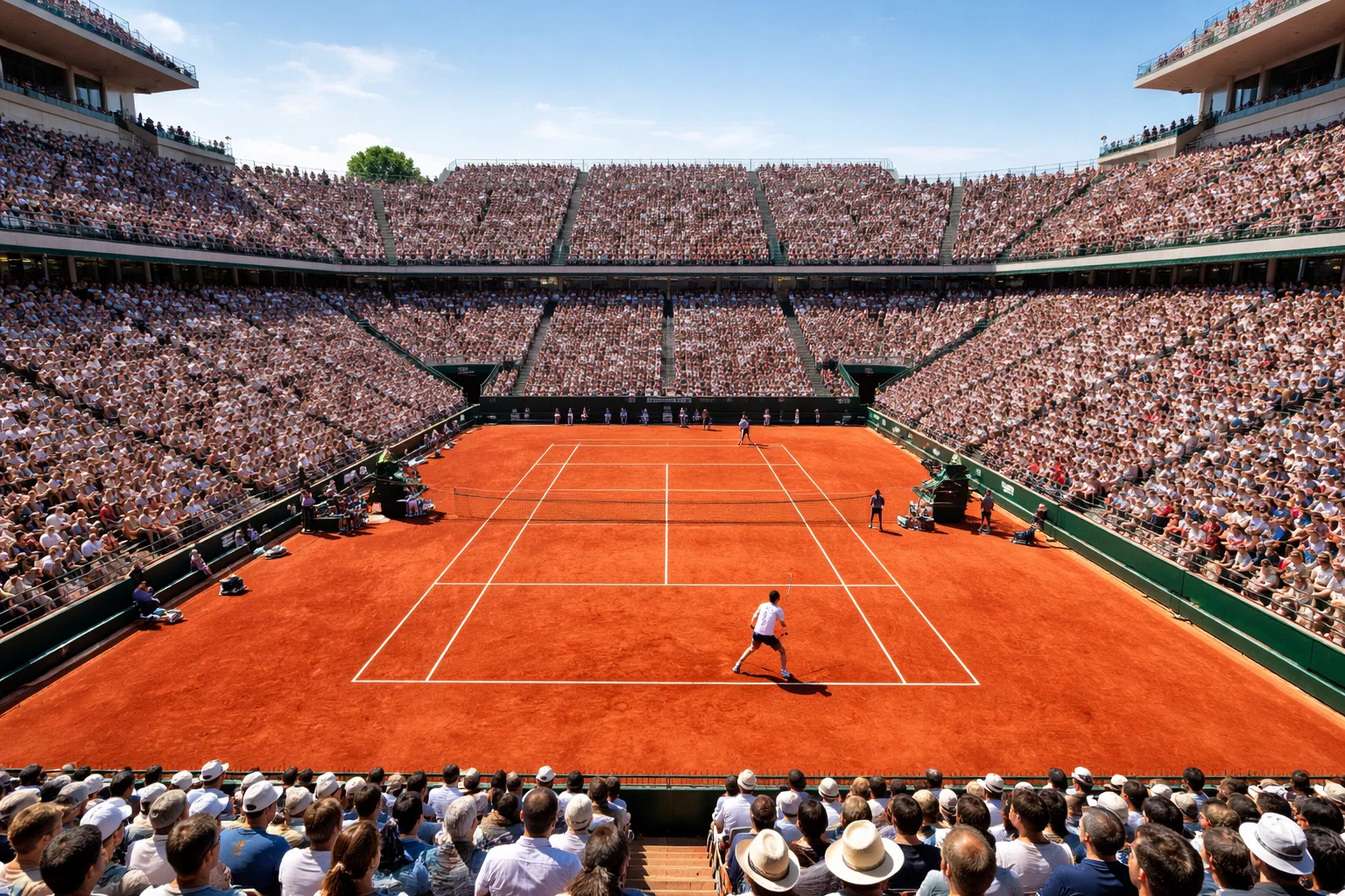 Tennistoernooi met publiek op tribunes en spelers op gravelbaan