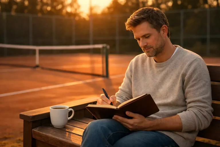 Persoon maakt rustig aantekeningen in een notitieboek bij een tennisbaan in zachte avondverlichting
