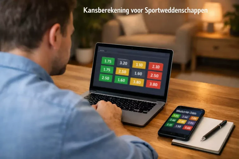 Persoon vergelijkt tennisodds op een laptop met een tennisbaan op de achtergrond