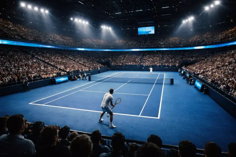 Indoortennisbaan tijdens de seizoensfinales met schijnwerpers en volle tribunes