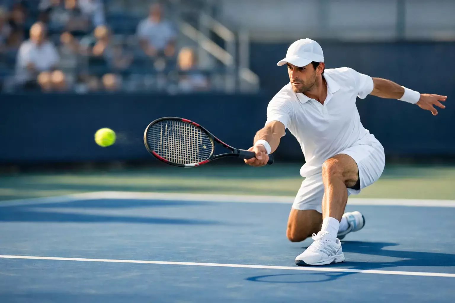 Tennisser slaat een forehand op een hardcourt tijdens een professionele wedstrijd