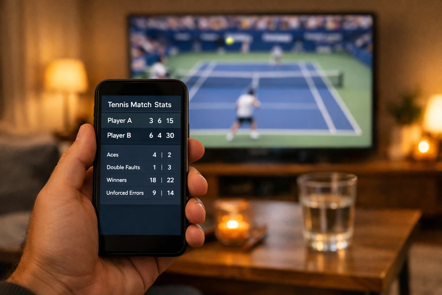 Smartphone met live tennisstatistieken naast een televisie met tenniswedstrijd