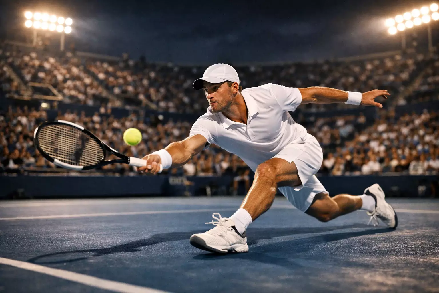 Tennisser slaat een return tijdens een live wedstrijd op een hardcourt met een verlicht stadion op de achtergrond