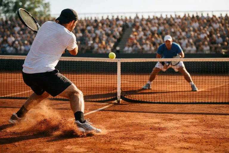 Twee tennissers in een lange rally op een gravelcourt met volle tribunes