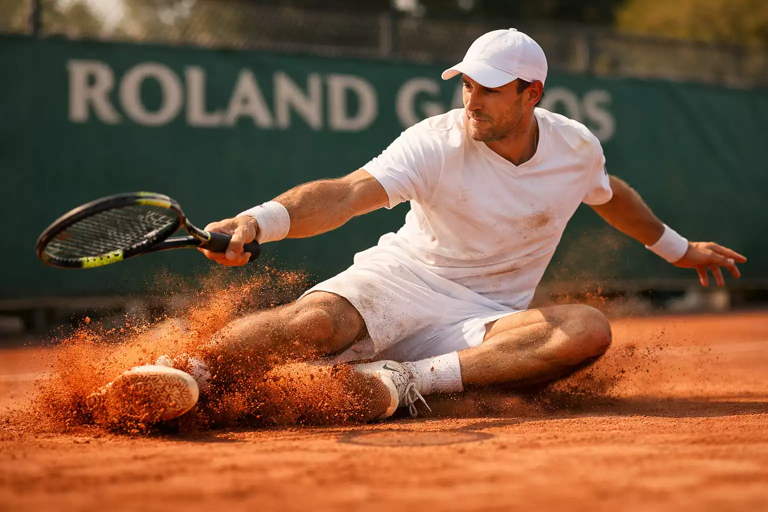 Tennisspeler glijdt over rode gravel op Roland Garros