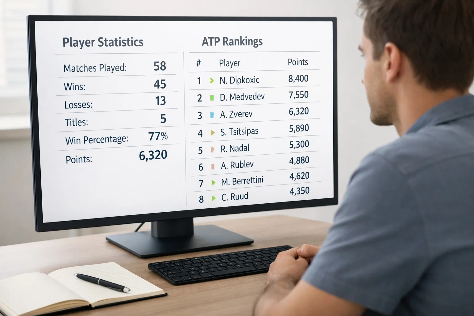 Persoon bestudeert tennisstatistieken en rankings op een computerscherm