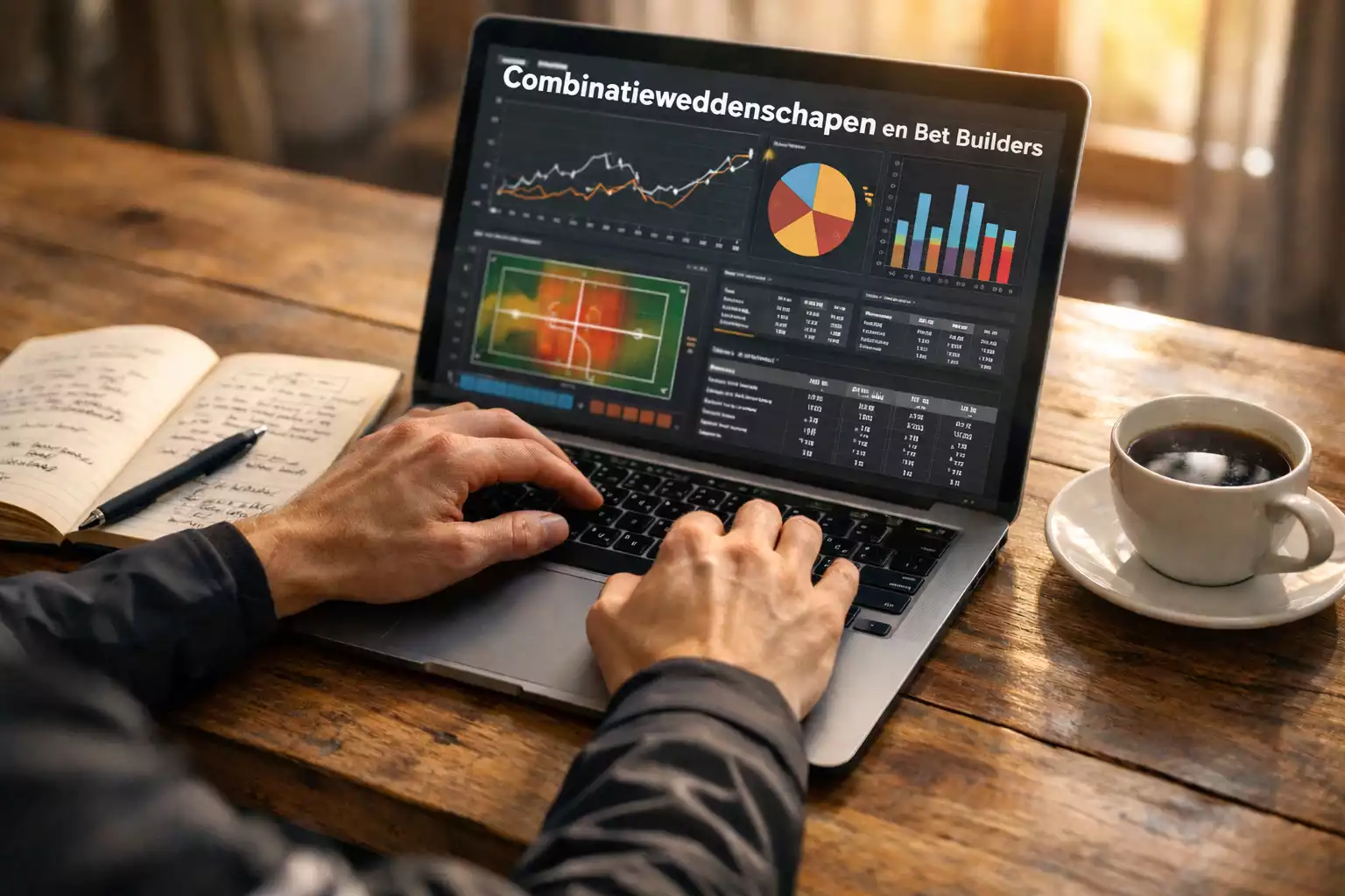 Persoon analyseert tennisstatistieken op laptop