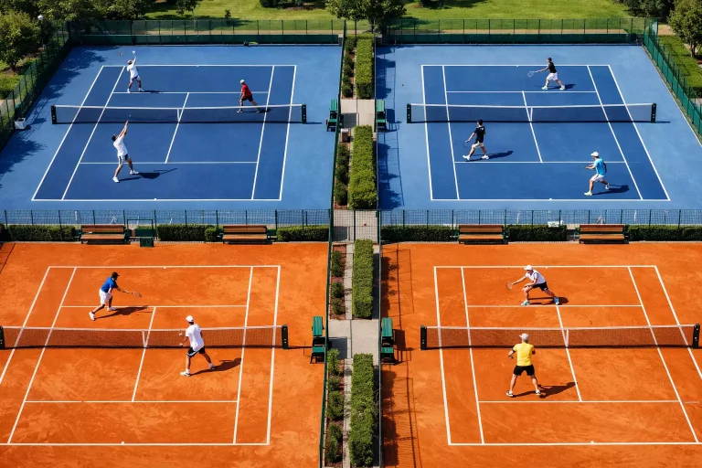 Meerdere tenniswedstrijden tegelijk op verschillende banen vanuit vogelperspectief