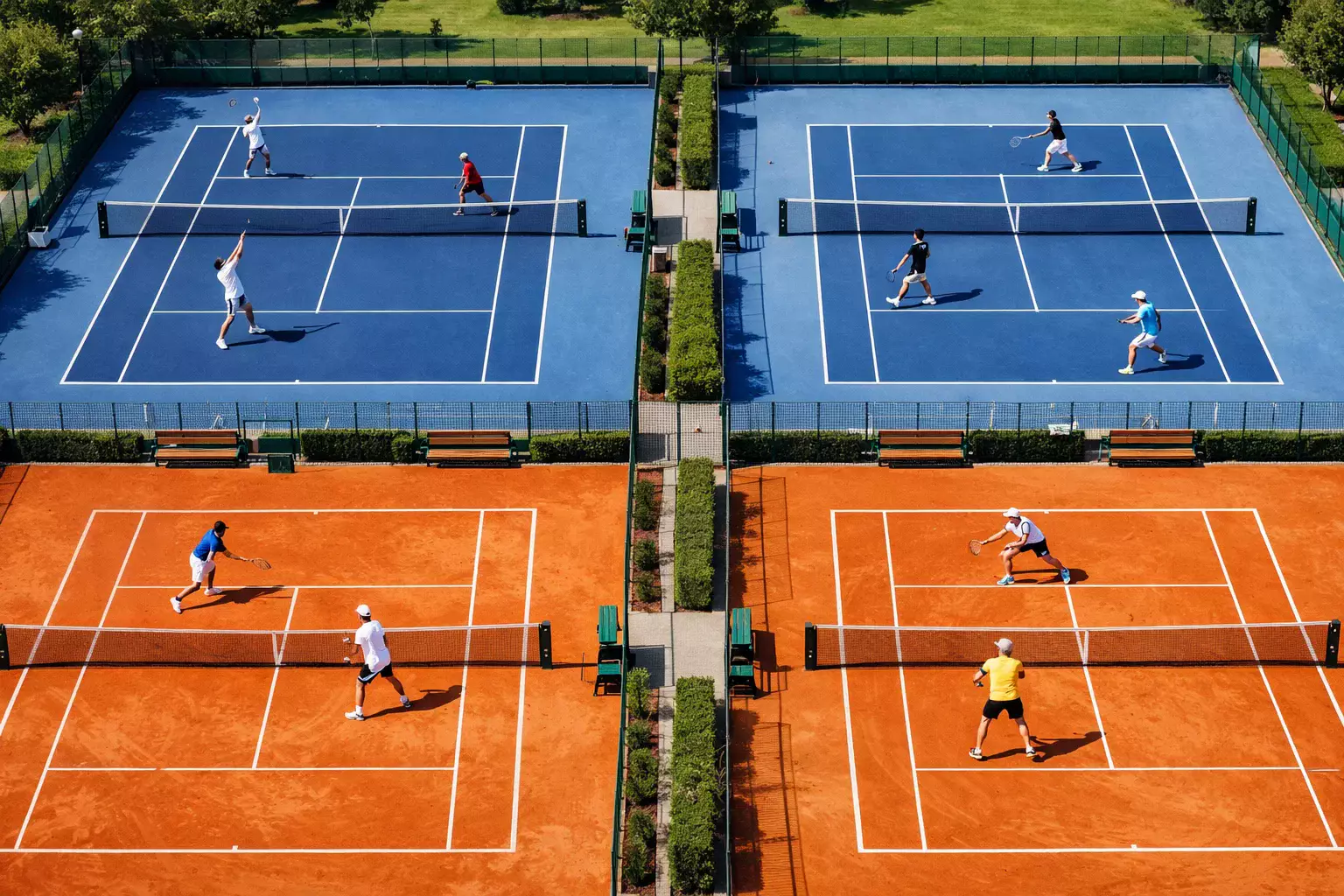 Meerdere tenniswedstrijden tegelijk op verschillende banen vanuit vogelperspectief