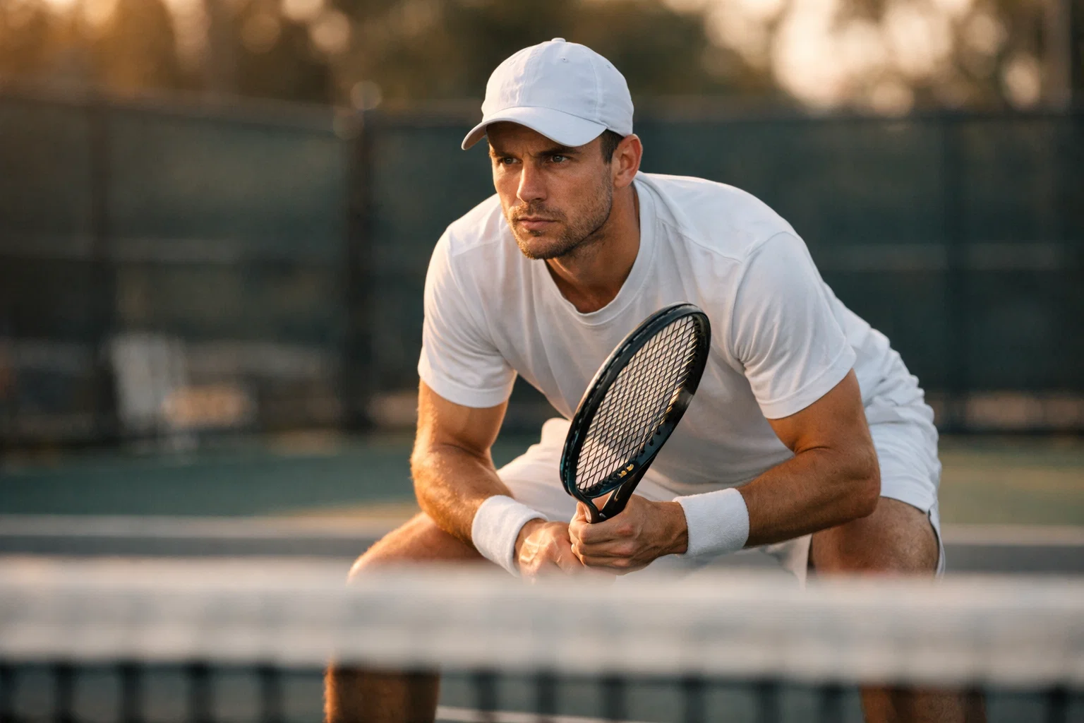 Geconcentreerde tennisser wacht op de service van zijn tegenstander