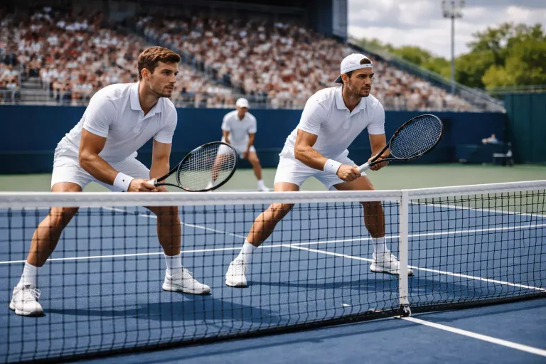 Tennis dubbelspel team in actie aan het net tijdens een wedstrijd