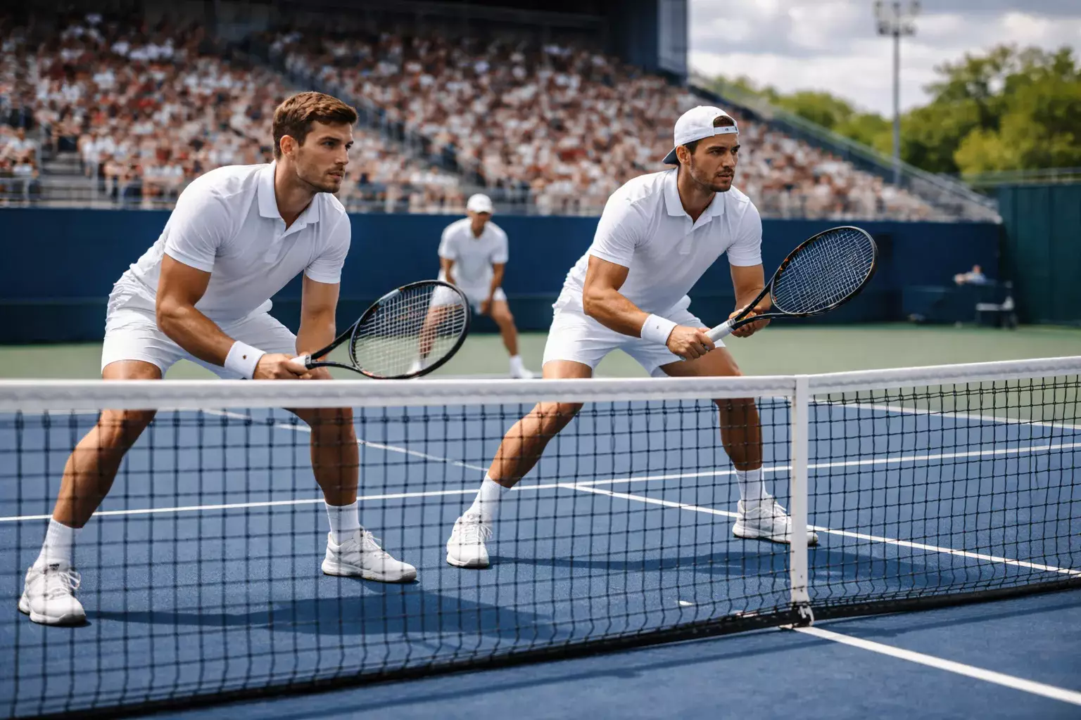 Tennis dubbelspel team in actie aan het net tijdens een wedstrijd