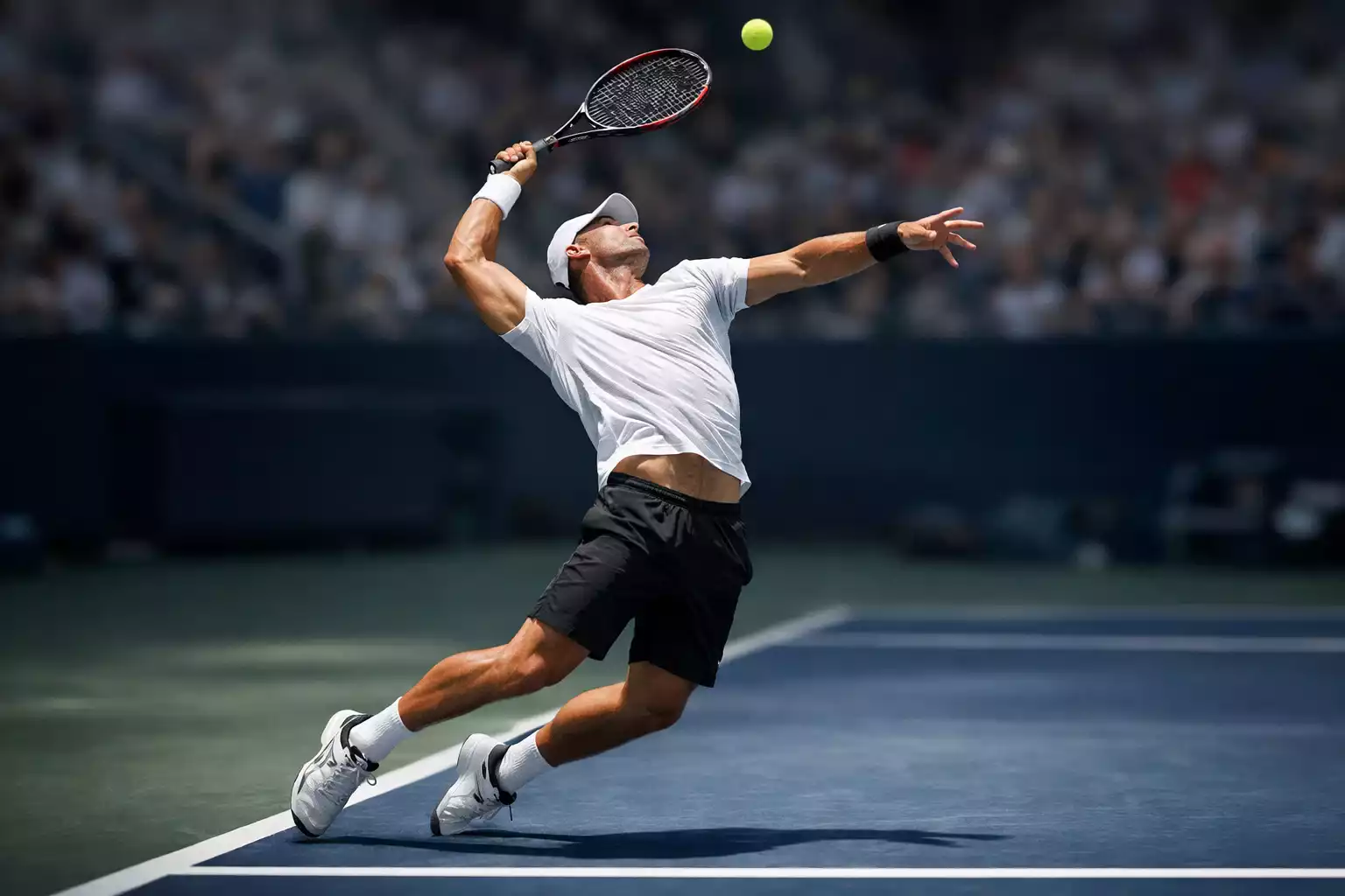 Tennisspeler serveert tijdens competitie