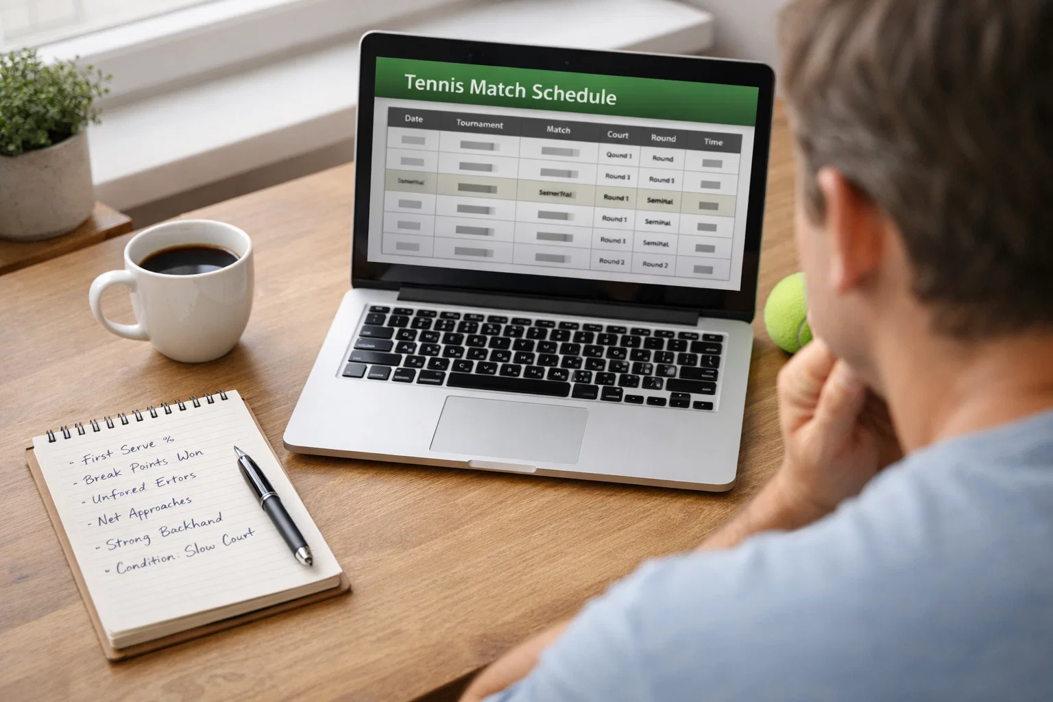 Persoon analyseert tennisstatistieken op laptop met aantekeningen