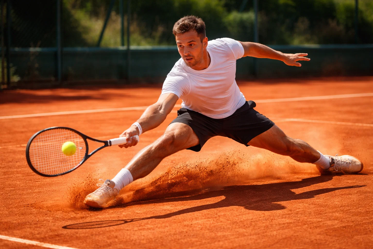 Tennisser glijdt over een gravelbaan tijdens een rally
