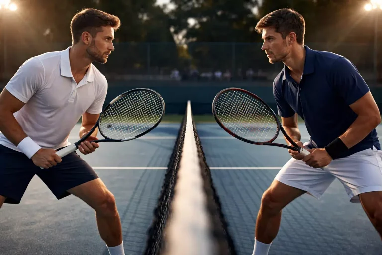 Twee tennissers staan tegenover elkaar aan het net voor een wedstrijd