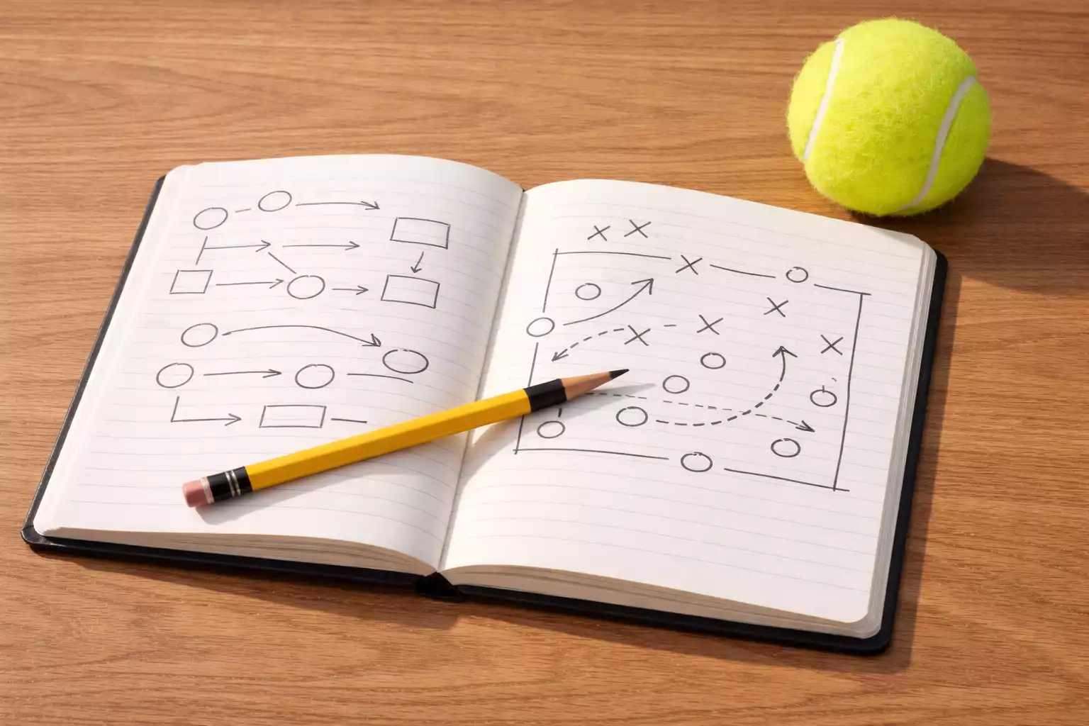 Notitieblok met strategie aantekeningen naast tennisbal