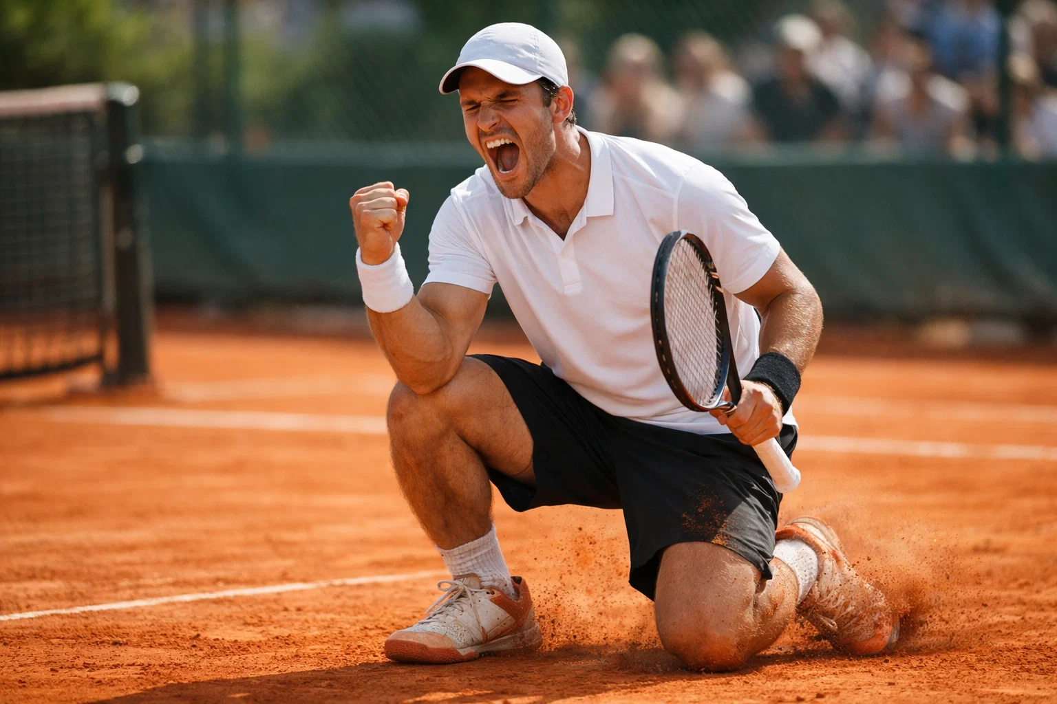 Tennisser viert een gewonnen punt met gebalde vuist op een gravelbaan