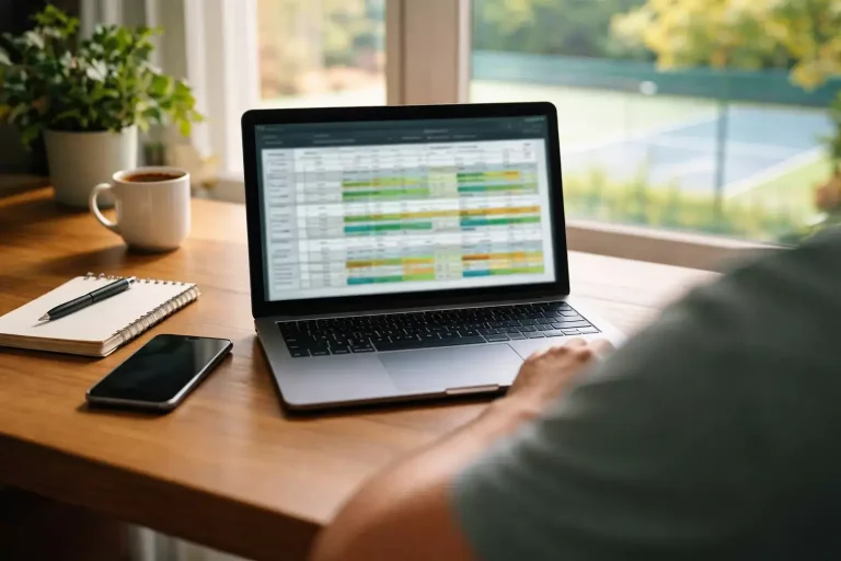 Persoon bekijkt tennisquoteringen op een laptop met een tennisbaan zichtbaar door het raam