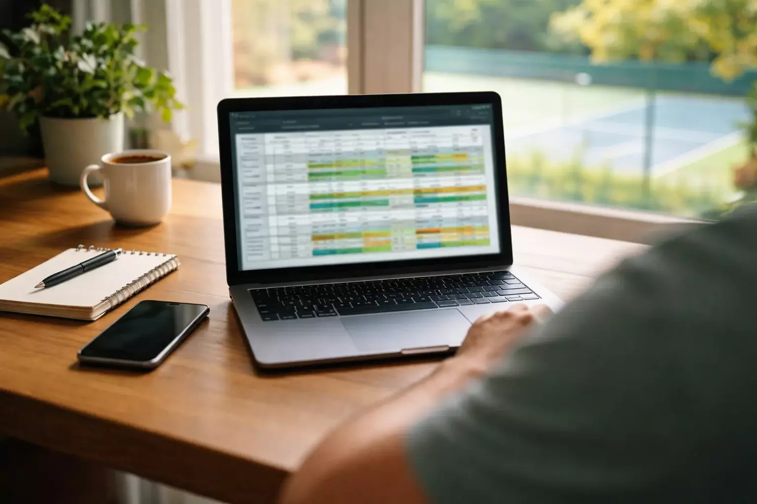 Persoon bekijkt tennisquoteringen op een laptop met een tennisbaan zichtbaar door het raam