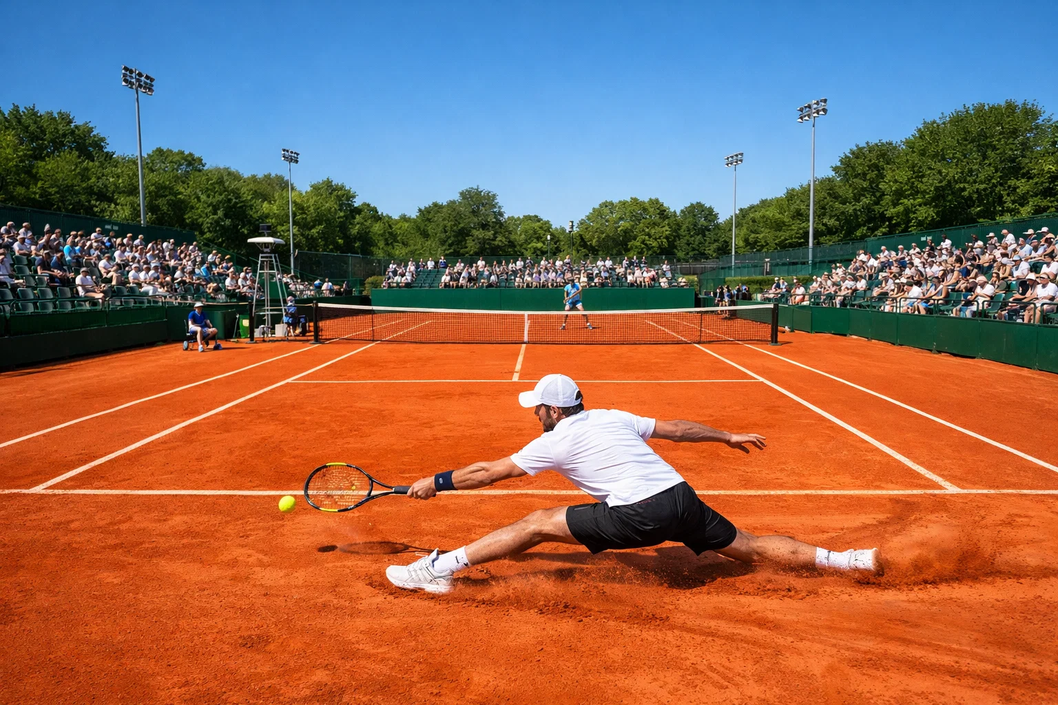 Overzicht van een graveltennisbaan tijdens een toernooi met speler in actie
