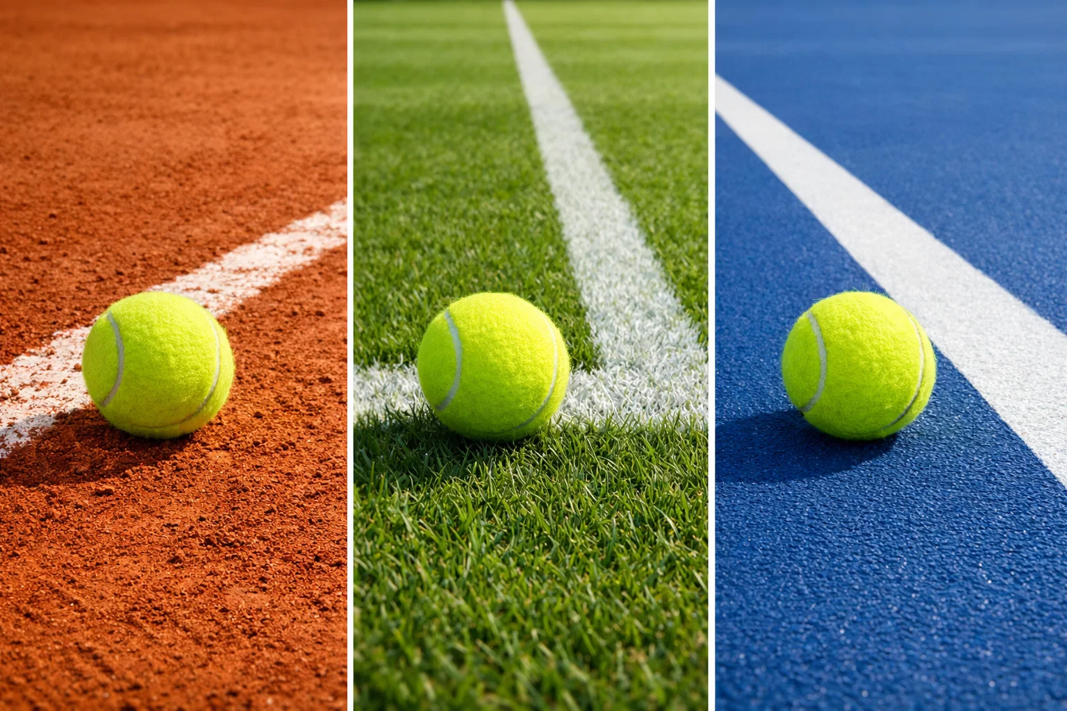 Drie verschillende tennisbanen: gravel, gras en hardcourt naast elkaar