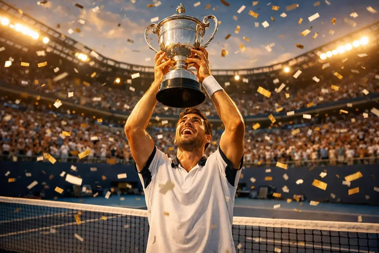 Tennisser tilt een toernooi-trofee omhoog op de centercourt met confetti