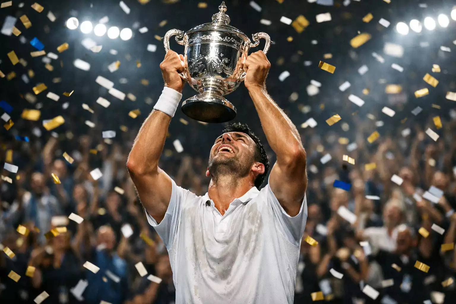 Tennisspeler houdt trofee omhoog na toernooiwinst