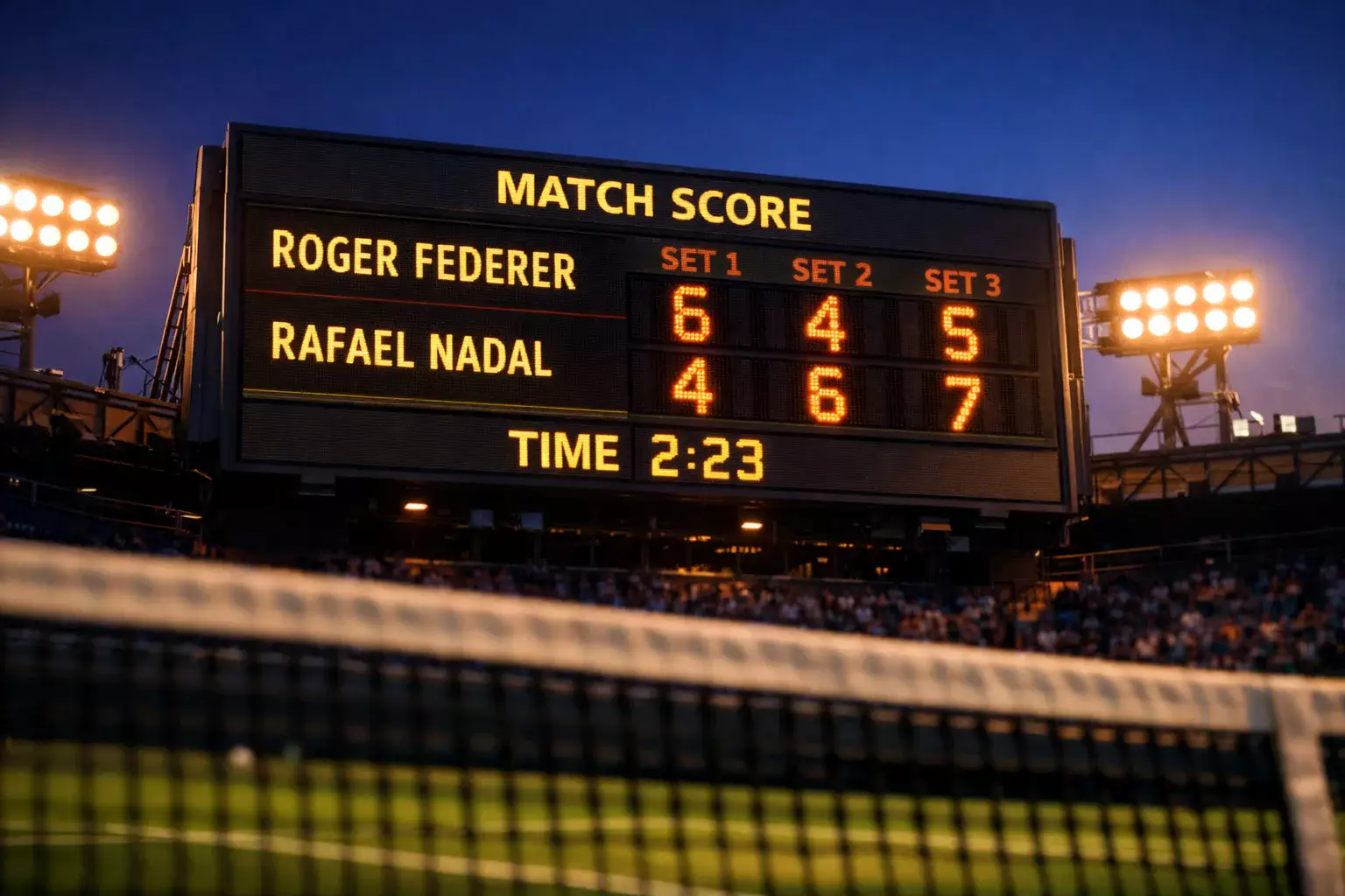 Scorebord naast een tennisbaan met cijfers in warm avondlicht