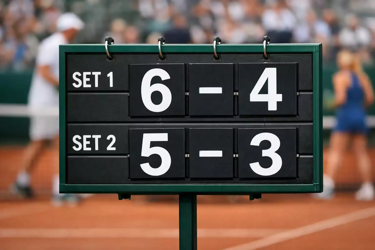 Scorebord tijdens tenniswedstrijd met setstanden
