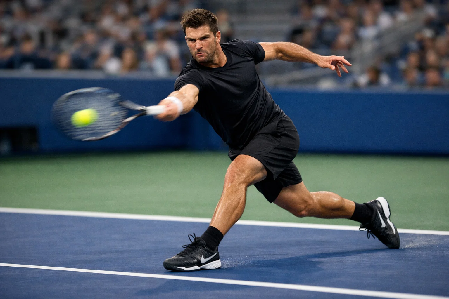 Agressieve baseliner slaat een krachtige forehand op een tennisbaan