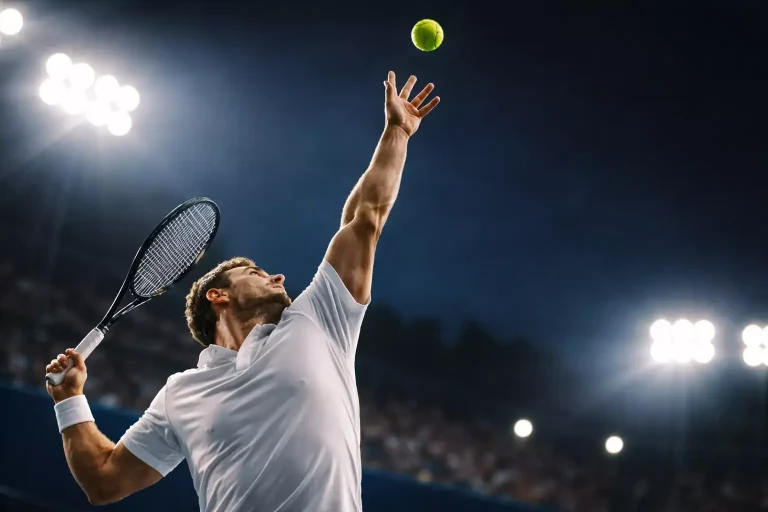 Close-up van een tennisser die serveert op een hardcourt met scherpe belichting en een wazig stadion op de achtergrond