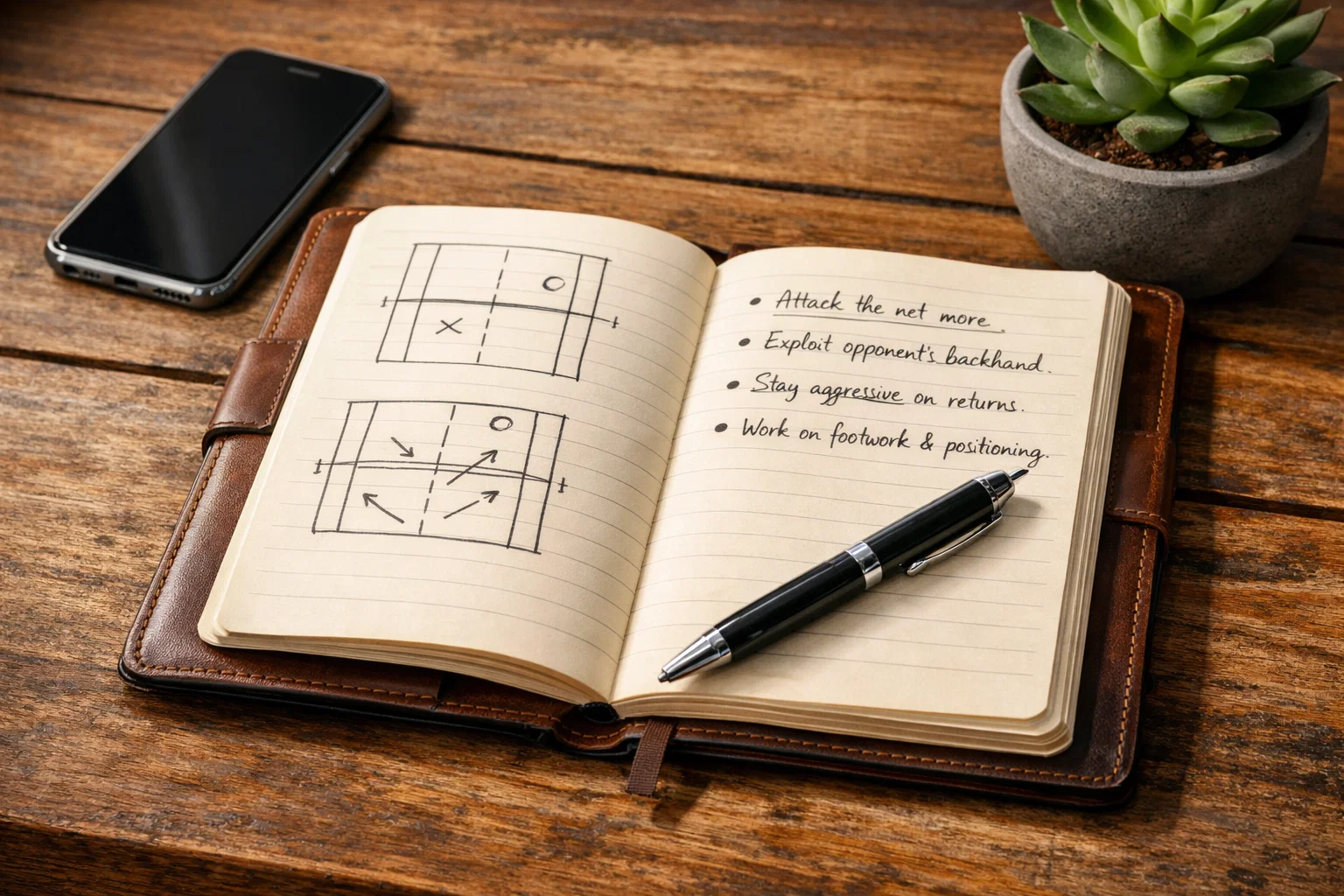 Notitieboek met tennisanalyse en pen op houten tafel