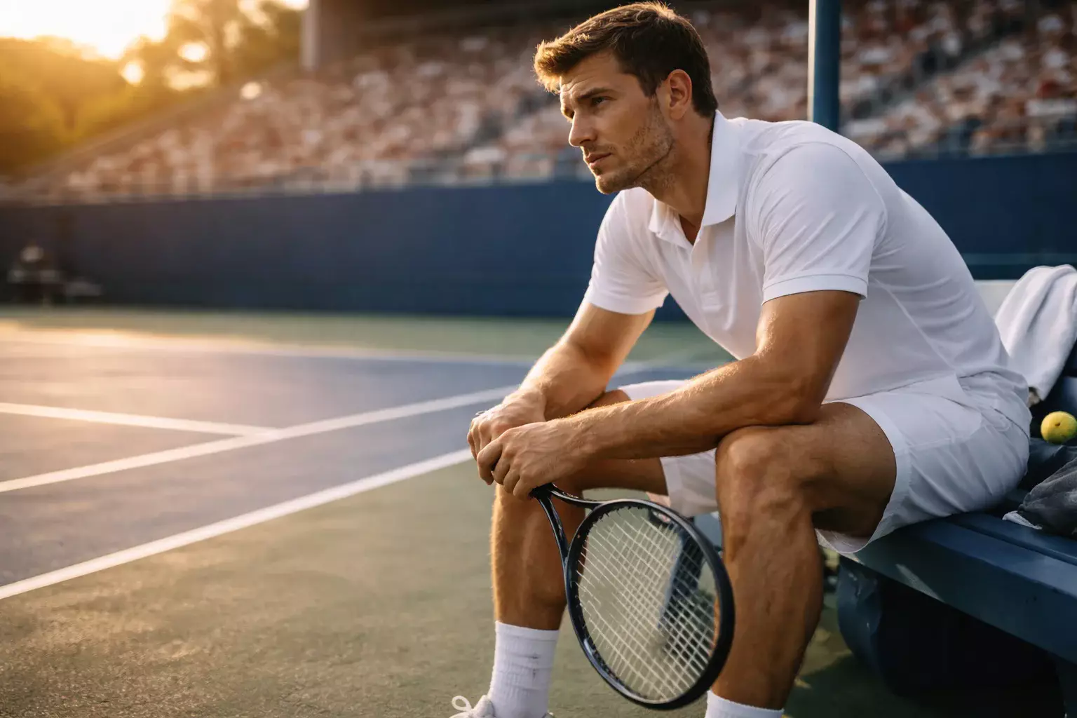 Tennisser zit nadenkend op een bankje naast de baan met racket in de hand
