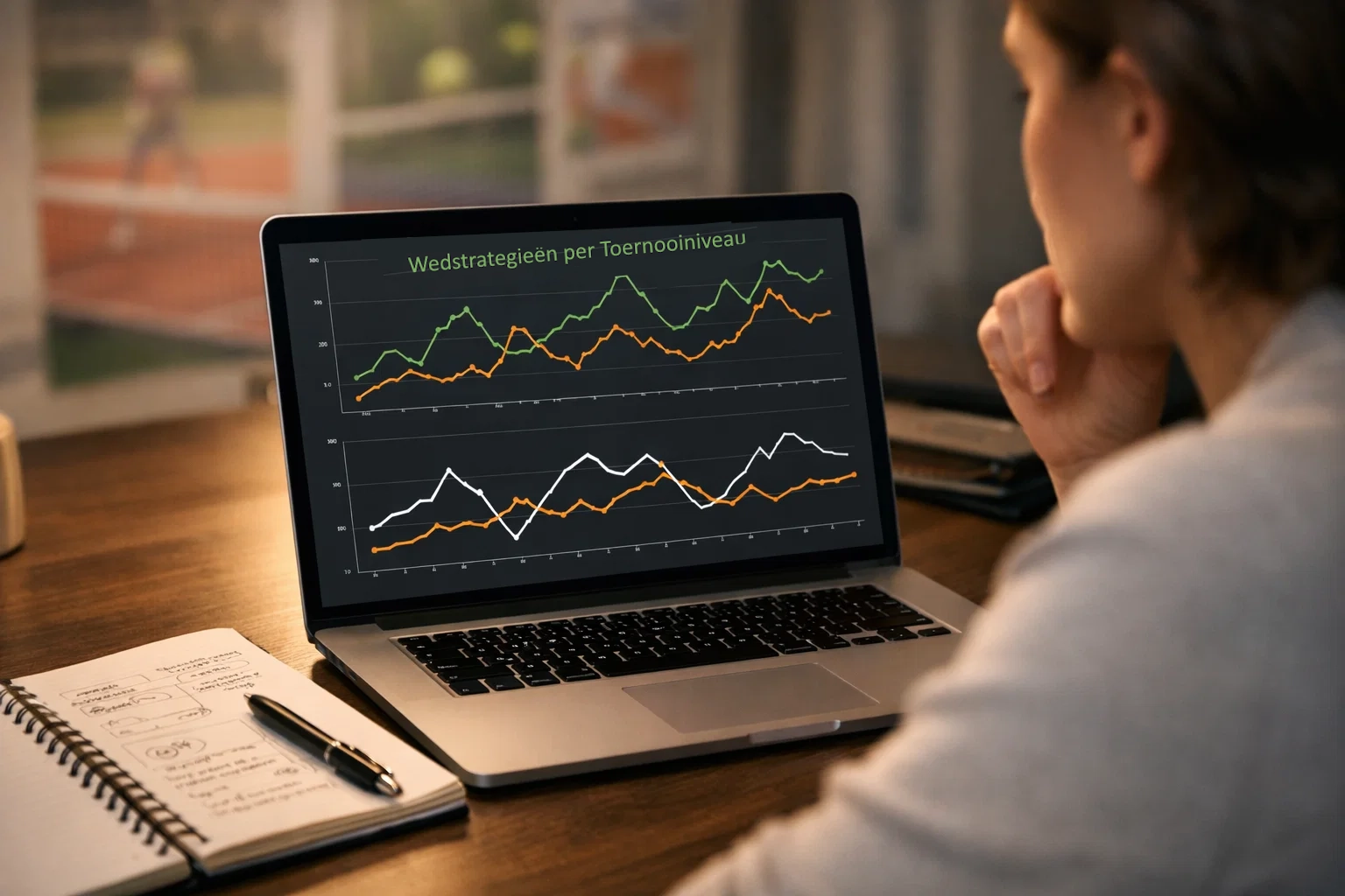 Tennisanalist bestudeert wedstrijdstatistieken op laptop