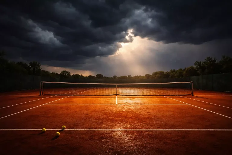 Tennisbaan onder donkere regenwolken met dramatisch zonlicht dat doorbreekt
