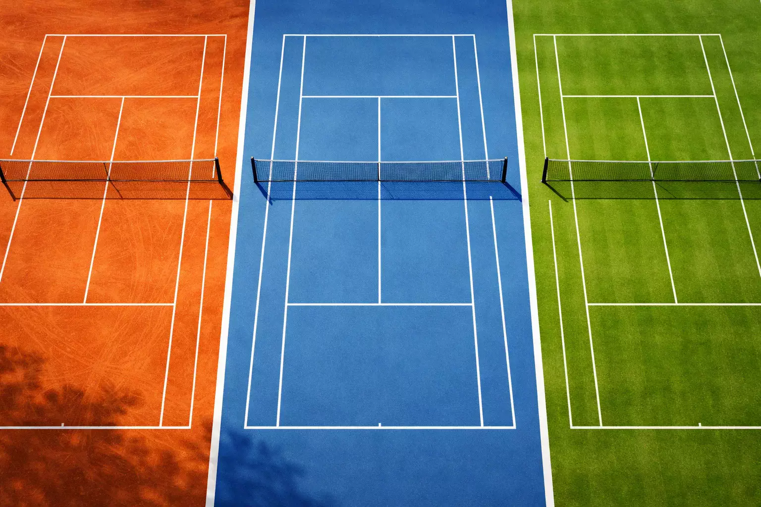 Tennisbaan verdeeld in drie ondergronden: gravel, hardcourt en gras