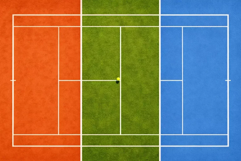 Tennisbaan van bovenaf gezien met wisselend licht van ochtend tot avond