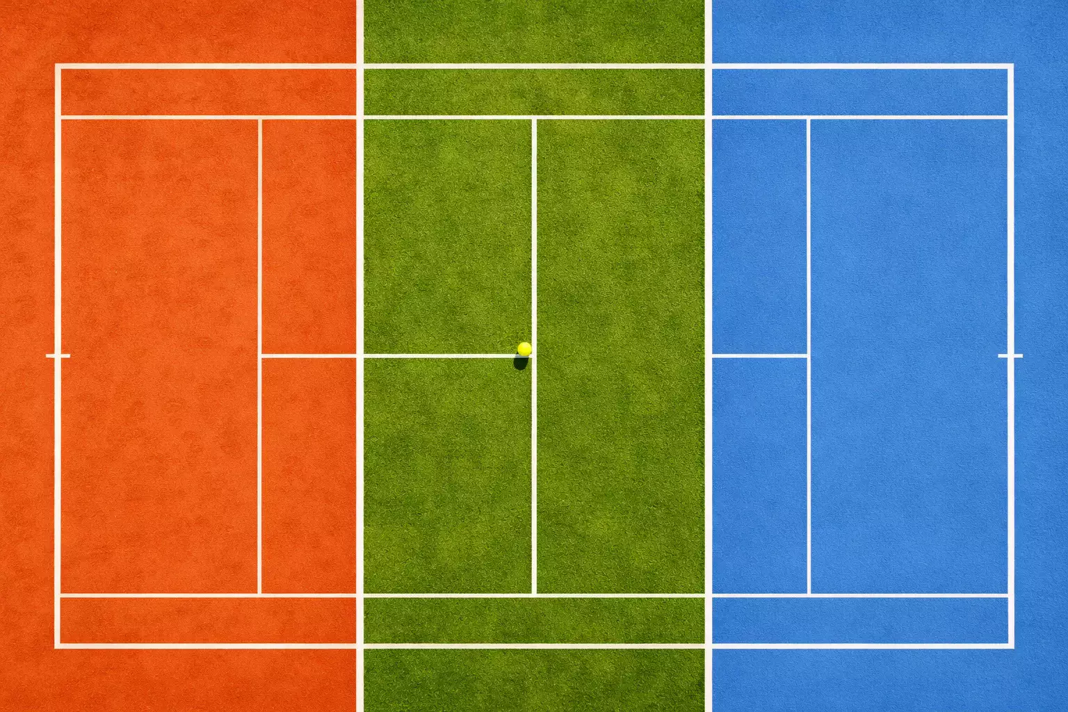 Tennisbaan van bovenaf gezien met wisselend licht van ochtend tot avond