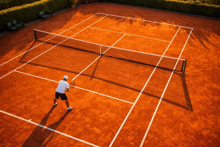 Tennisbaan op gravel van bovenaf gezien met een speler die zich voorbereidt op een return