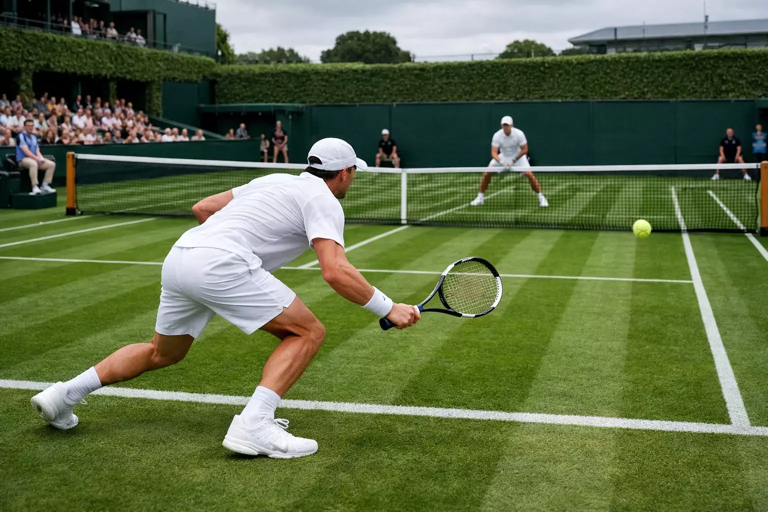 Grasbaan op Wimbledon met witte lijnen in Londen